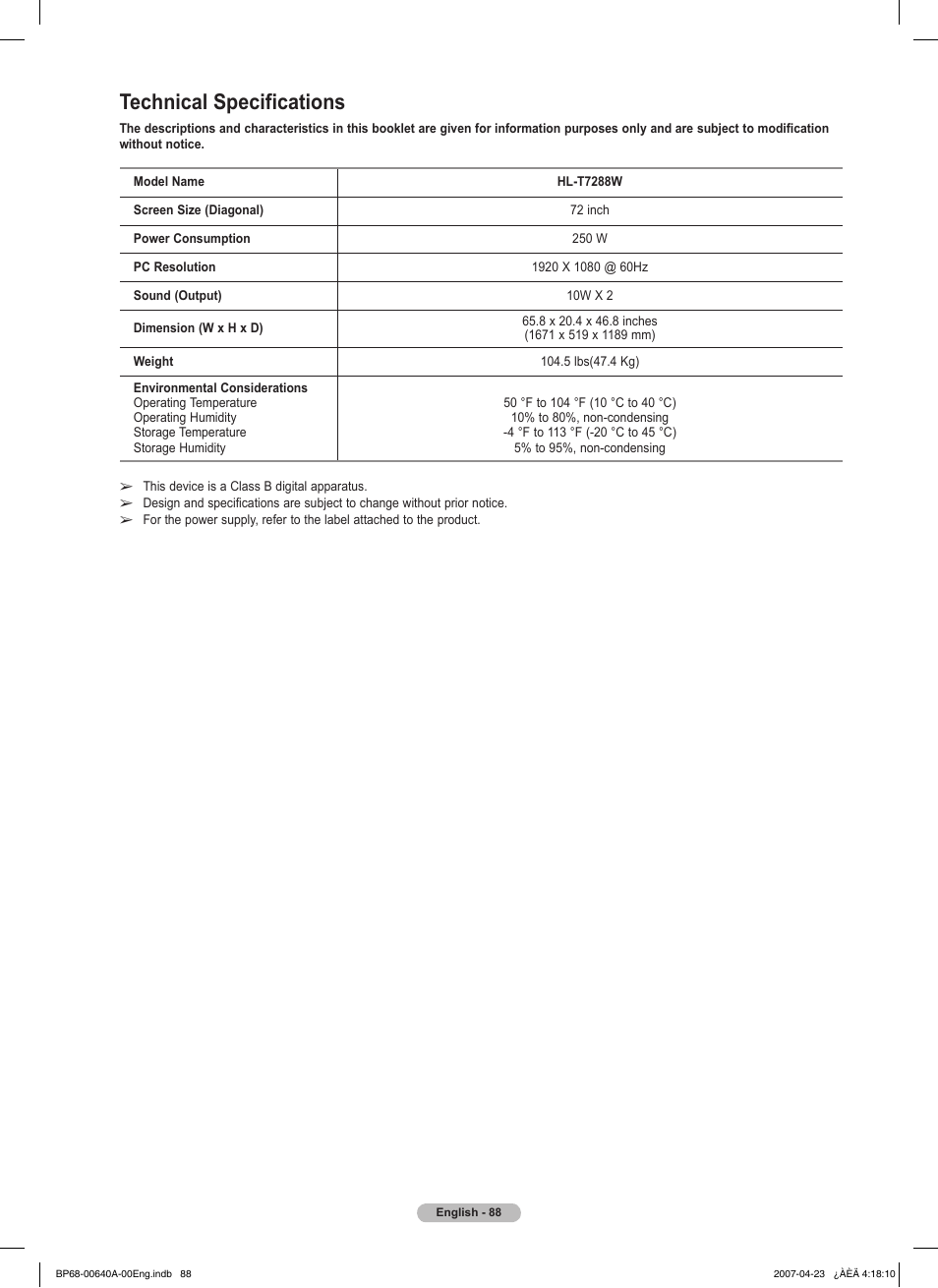 Technical specifications | Samsung HLT7288WX-XAA User Manual | Page 88 / 276