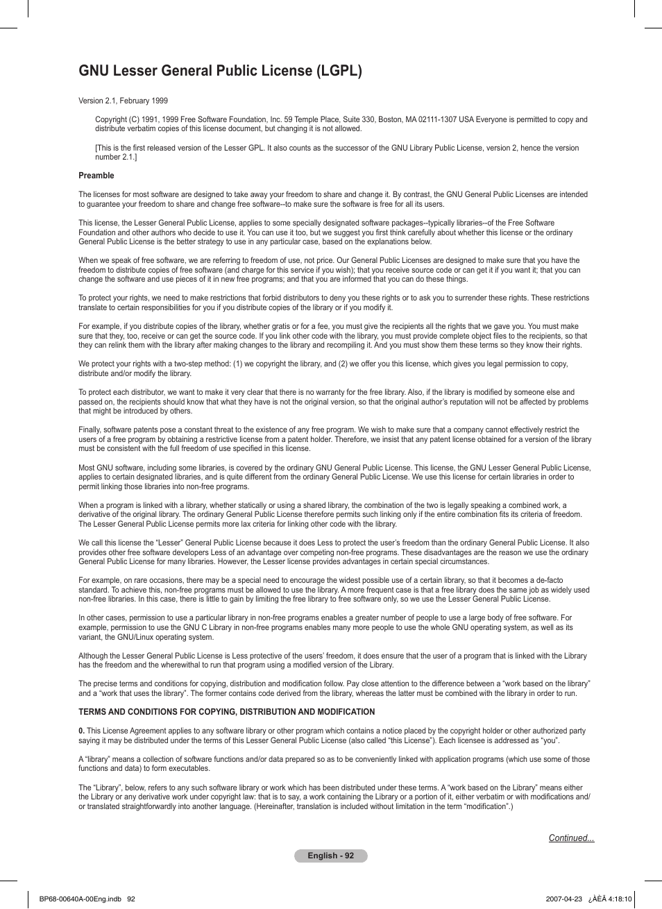 Gnu lesser general public license (lgpl) | Samsung HLT7288WX-XAA User Manual | Page 92 / 276