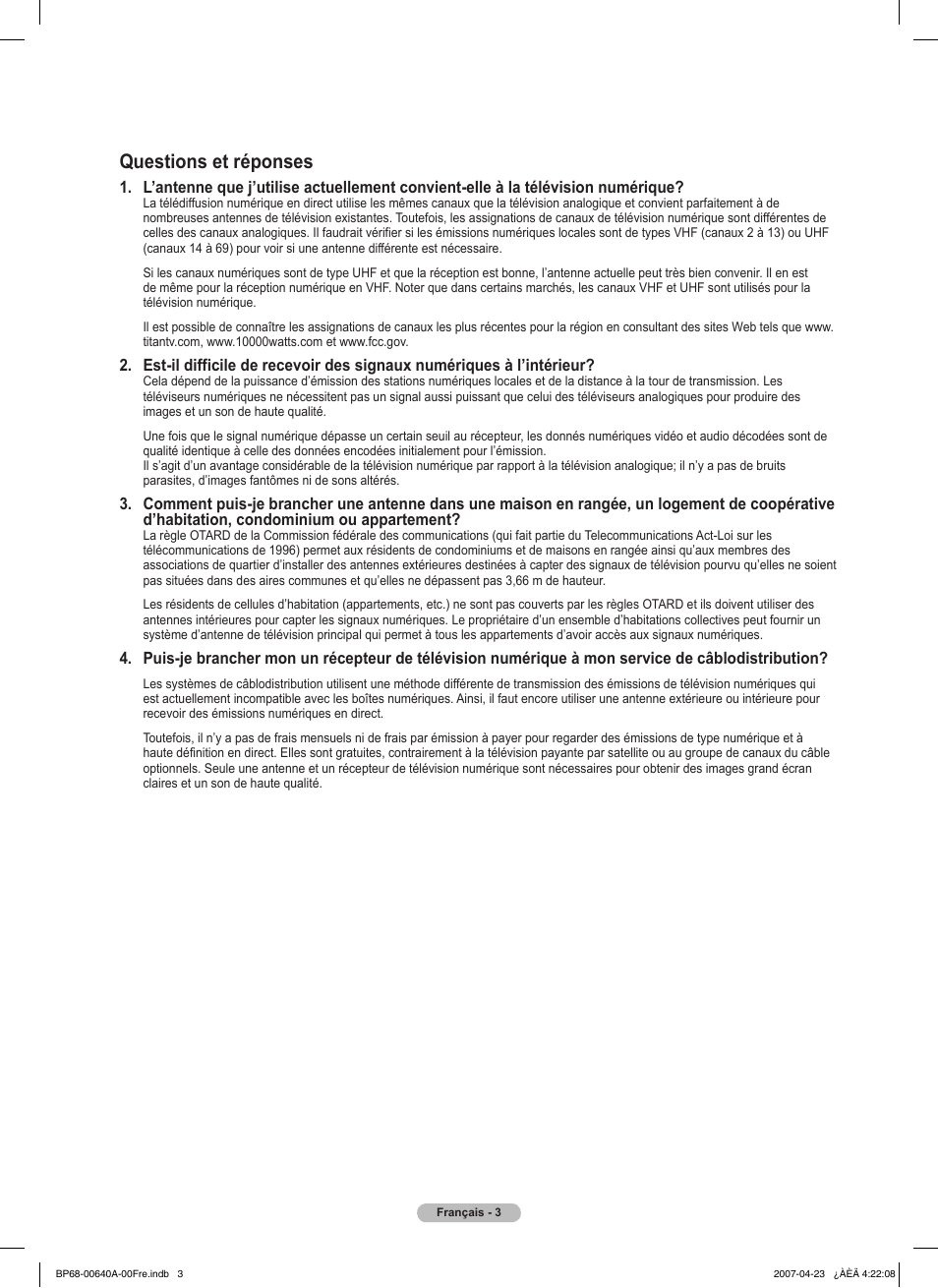 Questions et réponses | Samsung HLT7288WX-XAA User Manual | Page 98 / 276