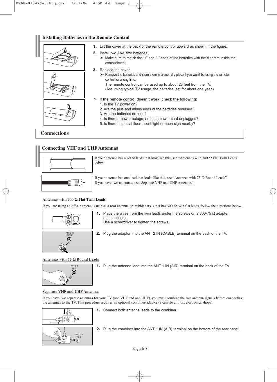 Installing batteries in the remote control, Connections, Connecting vhf and uhf antennas | Samsung LNS4695DX-XAA User Manual | Page 10 / 275
