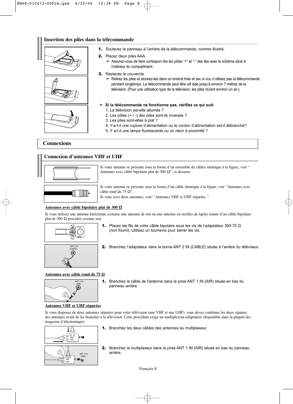 Connexions, Connexion d’antennes vhf et uhf, Insertion des piles dans la télécommande | Samsung LNS4695DX-XAA User Manual | Page 101 / 275