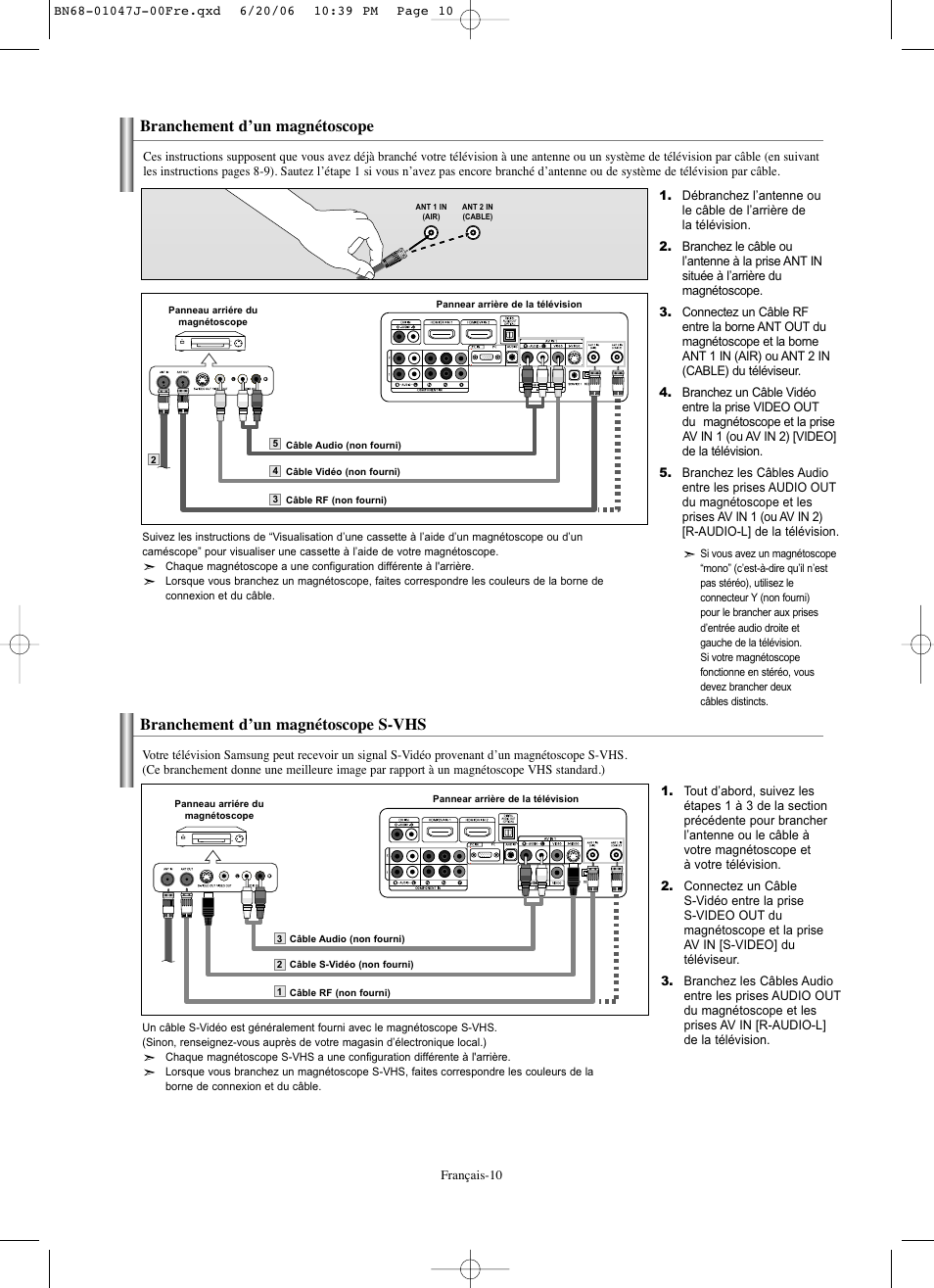 Branchement d’un magnétoscope, Branchement d’un magnétoscope s-vhs | Samsung LNS4695DX-XAA User Manual | Page 103 / 275