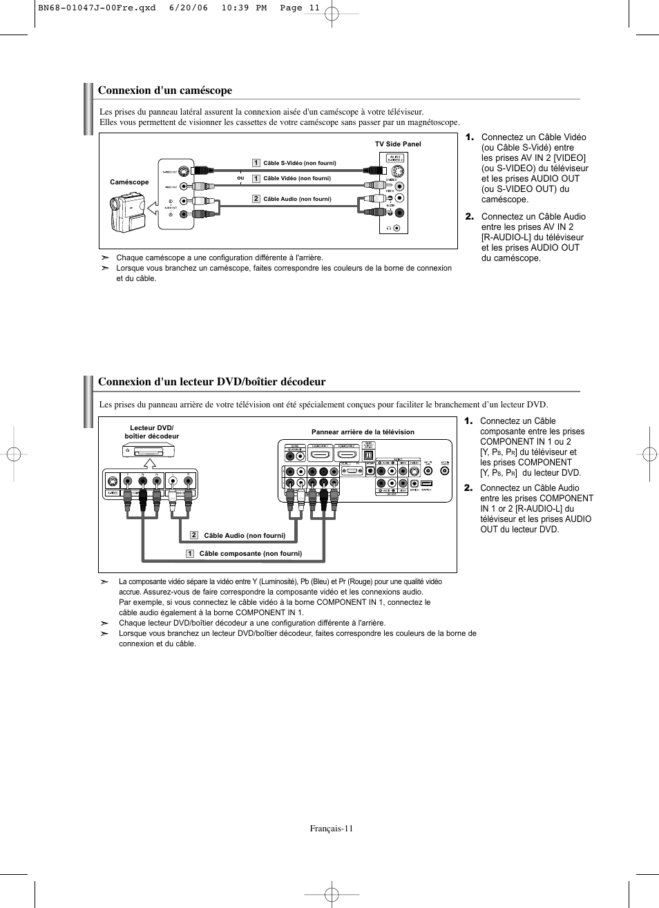 Connexion d'un caméscope, Connexion d'un lecteur dvd/boîtier décodeur | Samsung LNS4695DX-XAA User Manual | Page 104 / 275