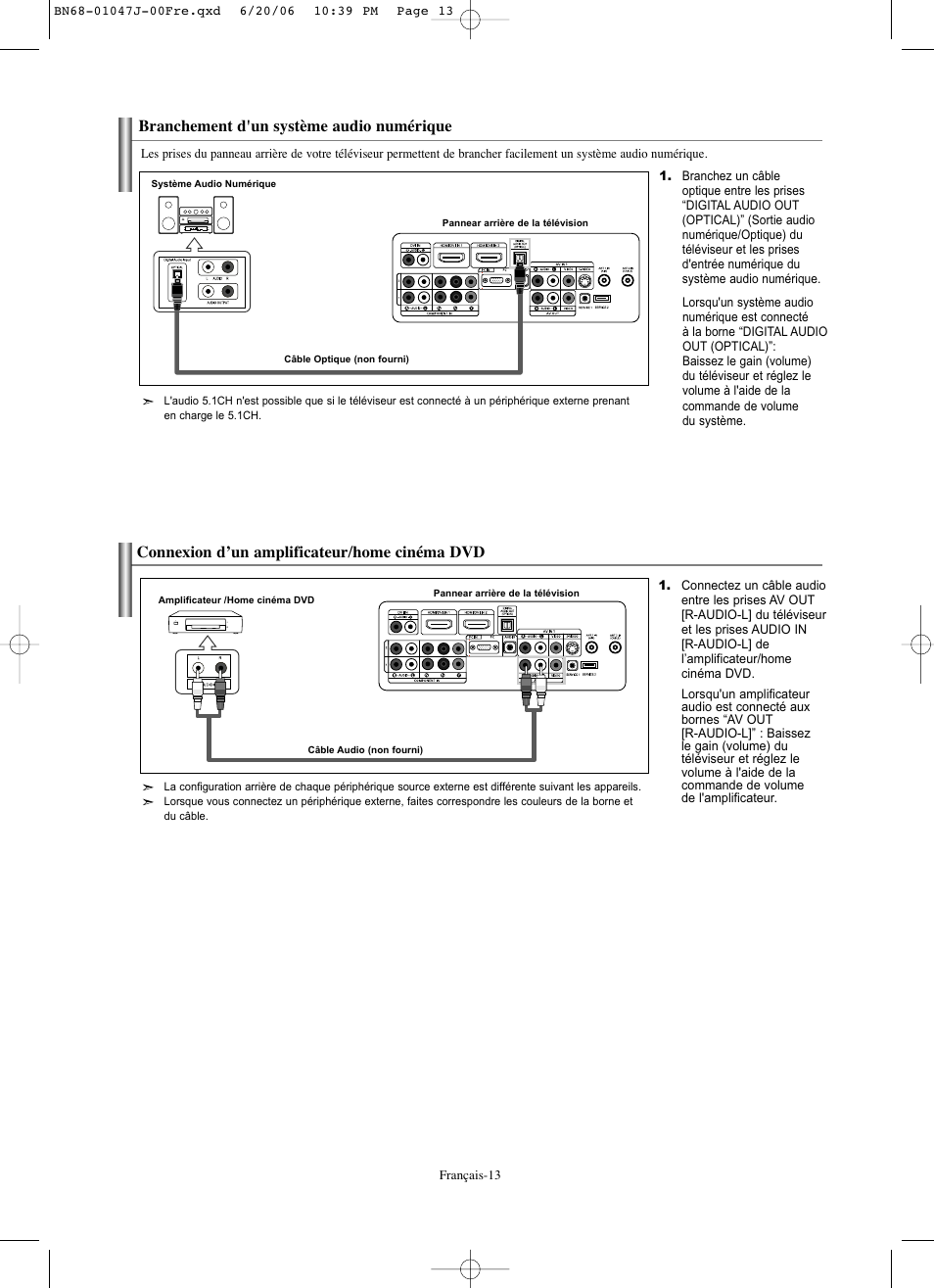 Branchement d'un système audio numérique, Connexion d’un amplificateur/home cinéma dvd | Samsung LNS4695DX-XAA User Manual | Page 106 / 275