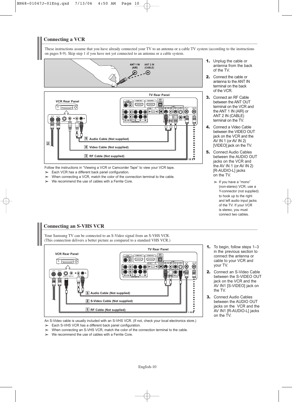 Connecting a vcr, Connecting an s-vhs vcr | Samsung LNS4695DX-XAA User Manual | Page 12 / 275