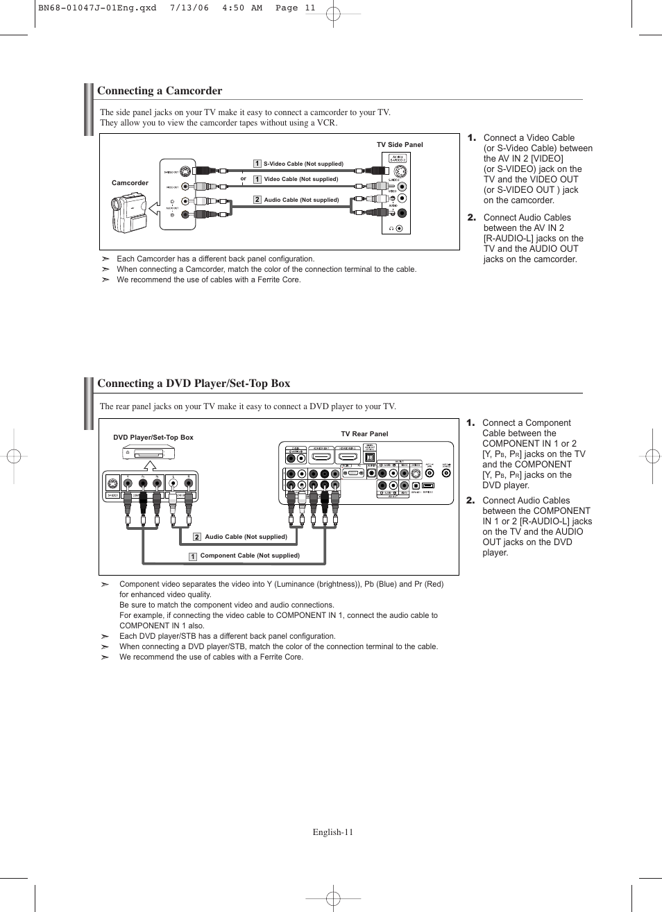 Connecting a camcorder, Connecting a dvd player, Connecting a dvd player/set-top box | Samsung LNS4695DX-XAA User Manual | Page 13 / 275