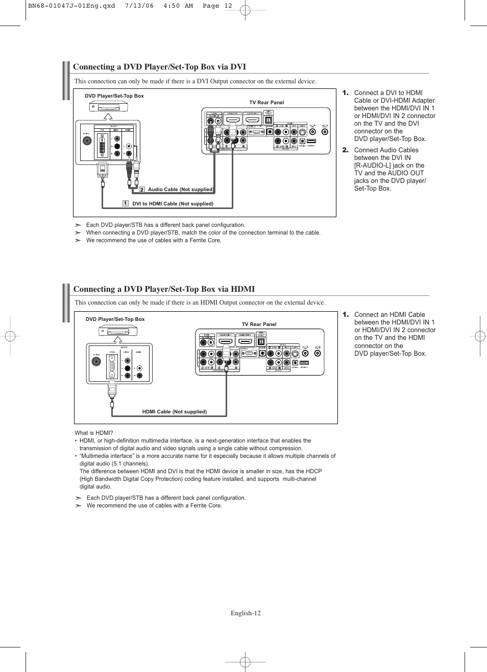 Connecting a dvd player/set-top box via dvi, Connecting a dvd player/set-top box via hdmi | Samsung LNS4695DX-XAA User Manual | Page 14 / 275