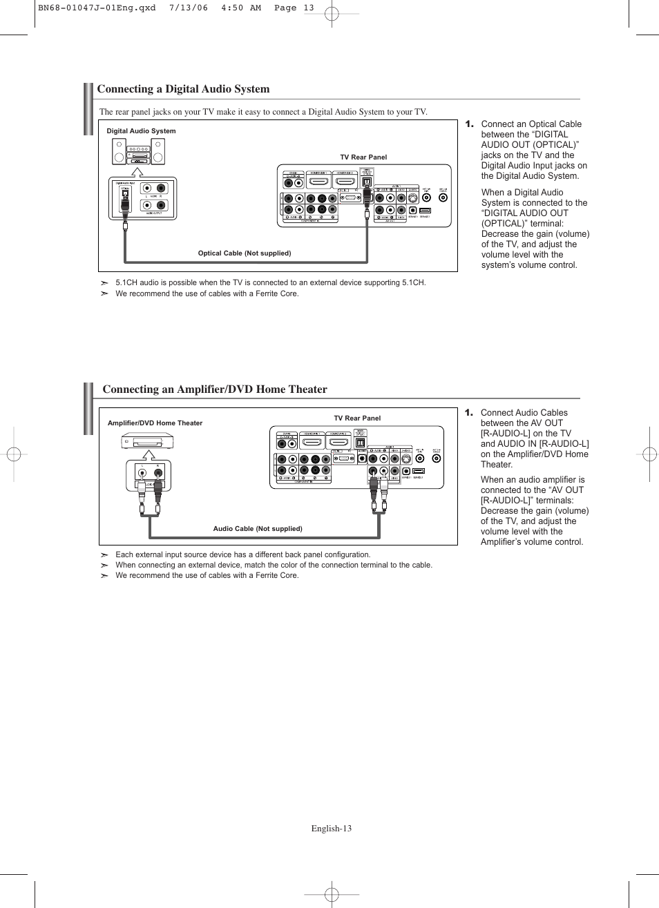 Connecting a digital audio system, Connecting an amplifier/dvd home theater | Samsung LNS4695DX-XAA User Manual | Page 15 / 275