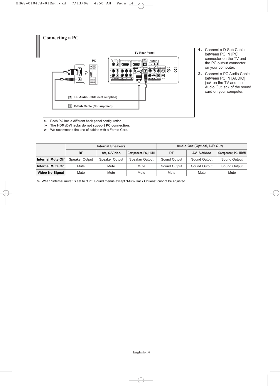 Connecting a pc | Samsung LNS4695DX-XAA User Manual | Page 16 / 275