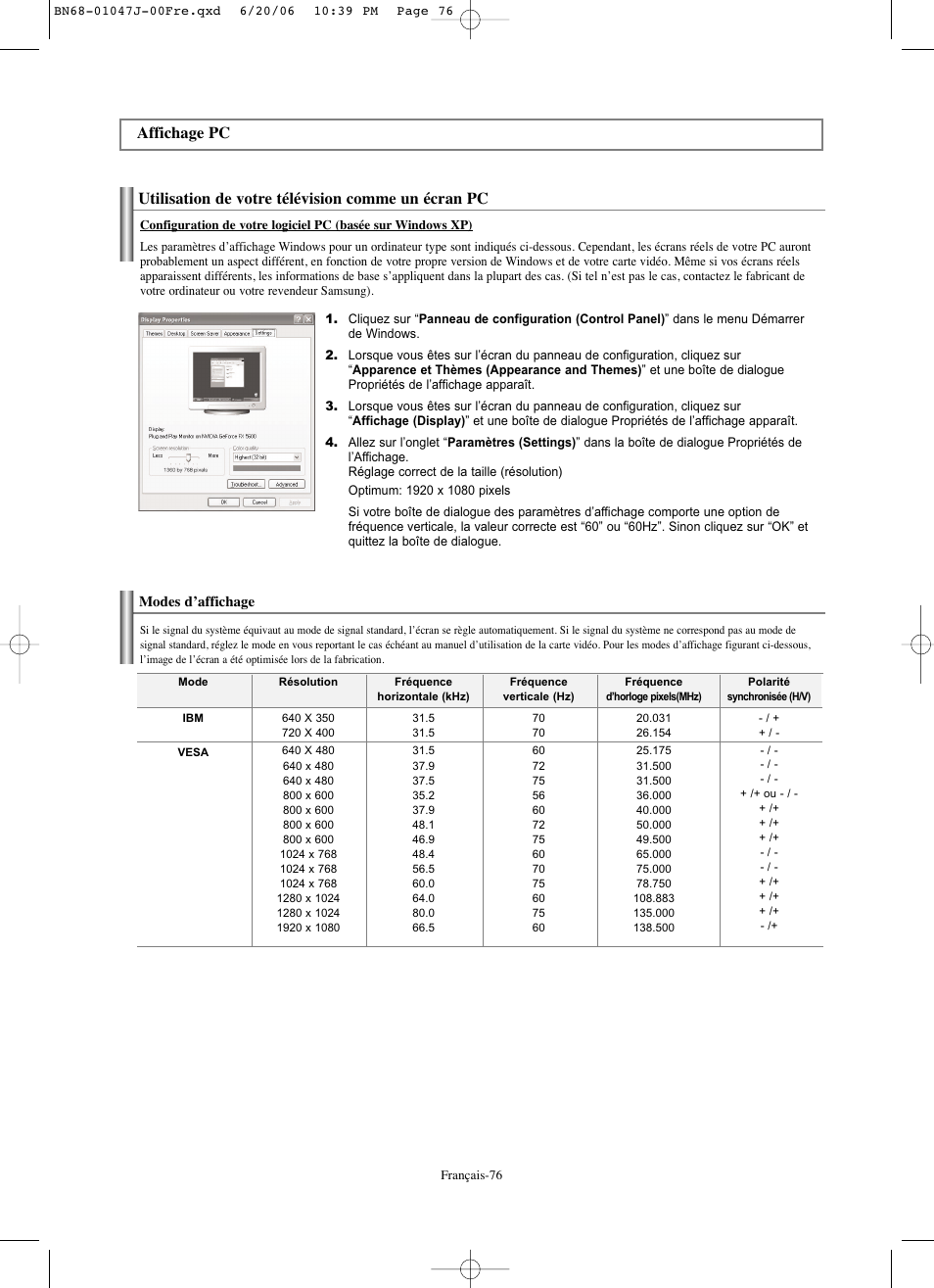 Utilisation de votre télévision comme un écran pc, Affichage pc | Samsung LNS4695DX-XAA User Manual | Page 169 / 275
