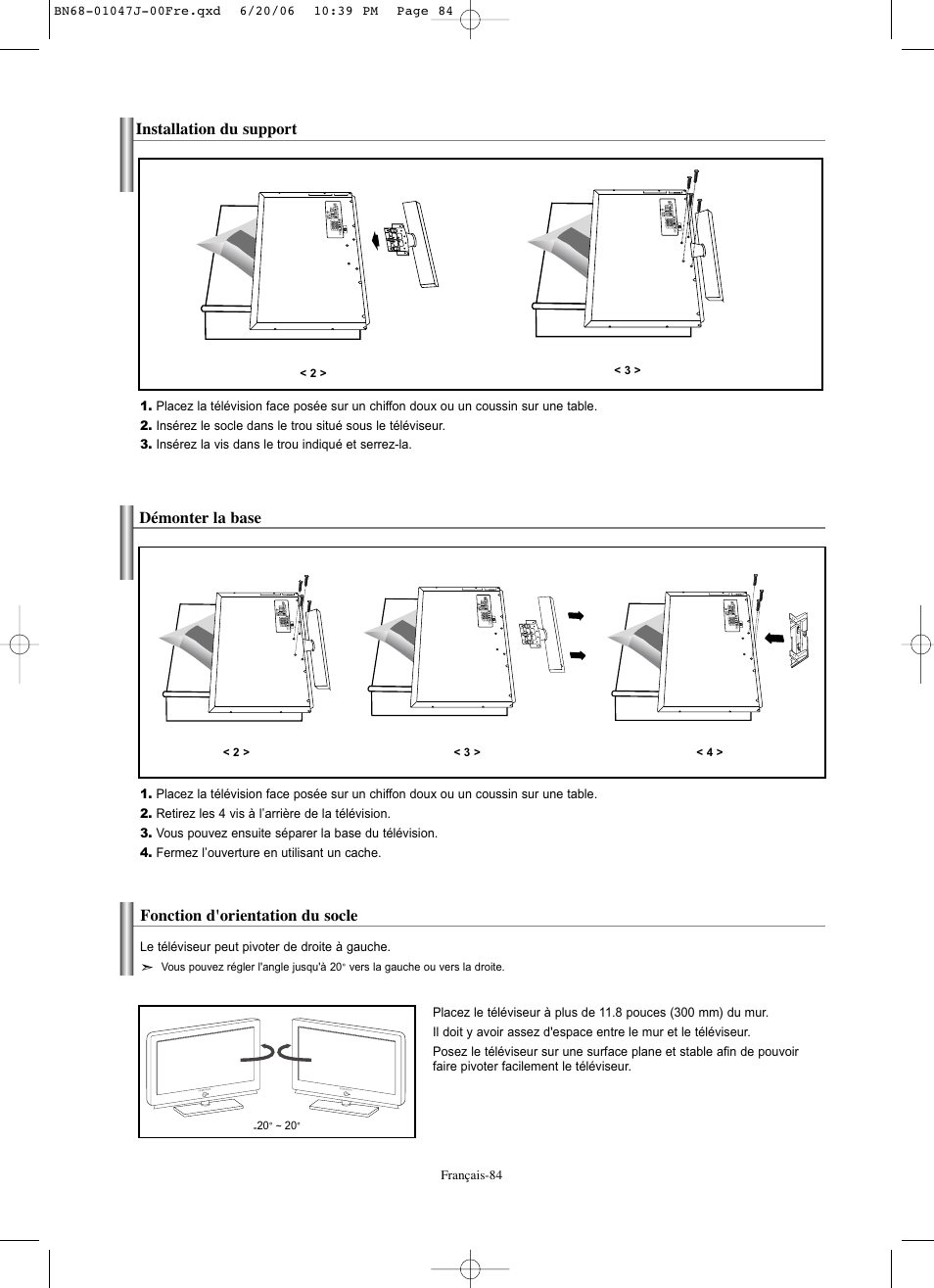 Installation du support, Démonter la base, Fonction d'orientation du socle | Samsung LNS4695DX-XAA User Manual | Page 177 / 275