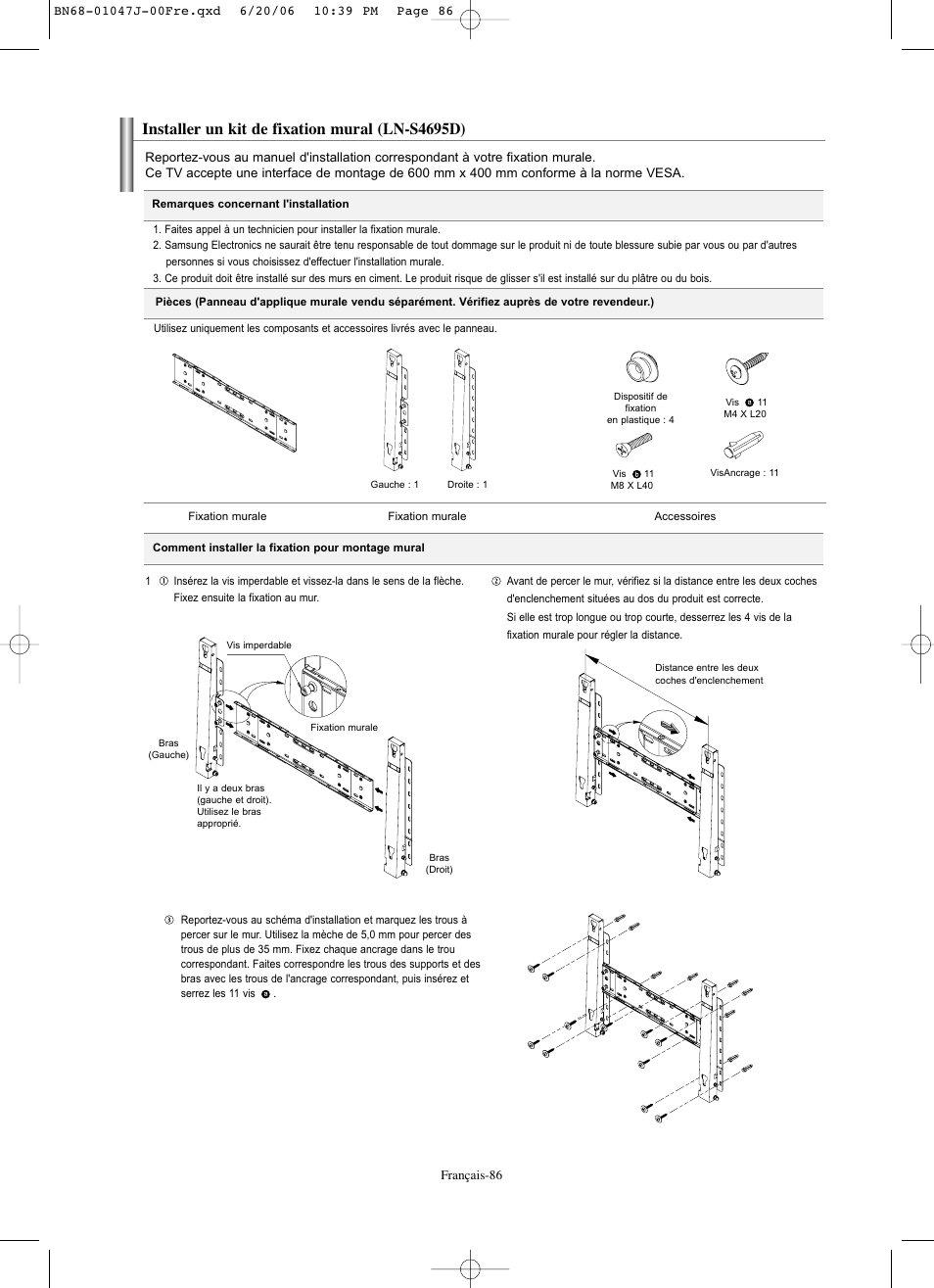 Installer un kit de fixation mural (ln-s4695d) | Samsung LNS4695DX-XAA User Manual | Page 179 / 275