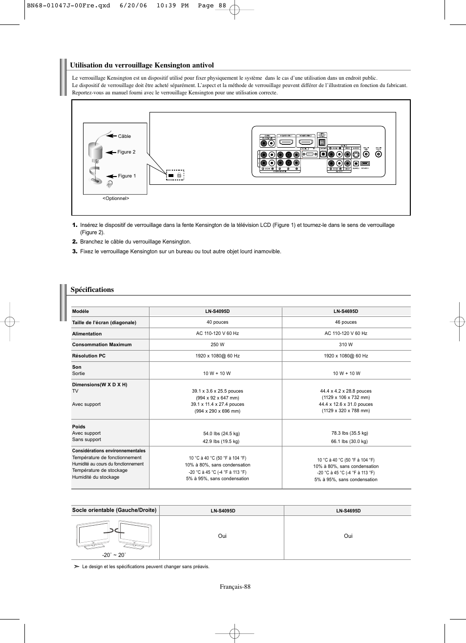 Utilisation du verrouillage kensington antivol, Spécifications | Samsung LNS4695DX-XAA User Manual | Page 181 / 275