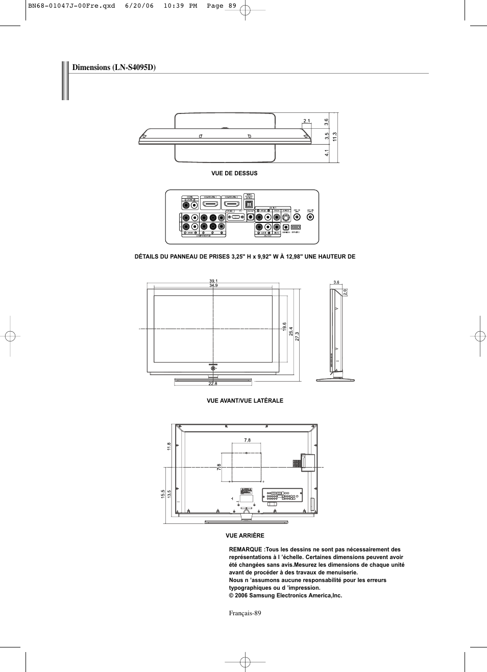 Dimensions (ln-s4095d) | Samsung LNS4695DX-XAA User Manual | Page 182 / 275