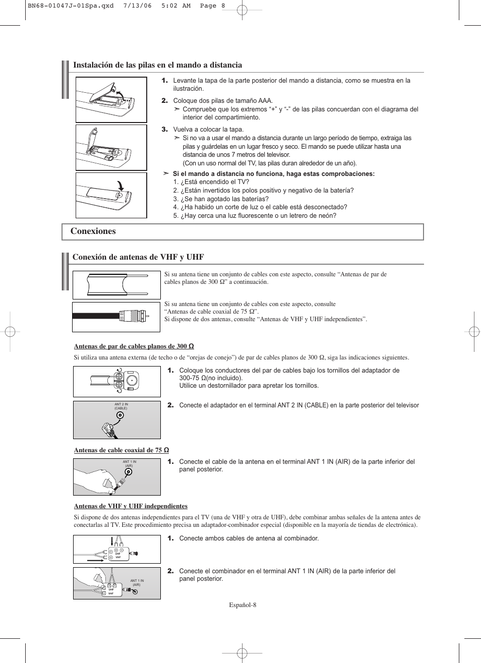 Conexiones, Conexión de antenas de vhf y uhf, Instalación de las pilas en el mando a distancia | Samsung LNS4695DX-XAA User Manual | Page 192 / 275