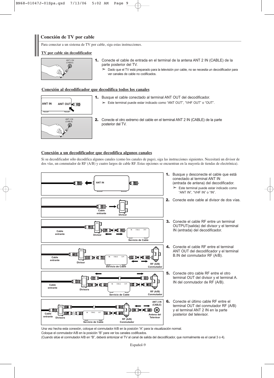 Conexión de tv por cable | Samsung LNS4695DX-XAA User Manual | Page 193 / 275