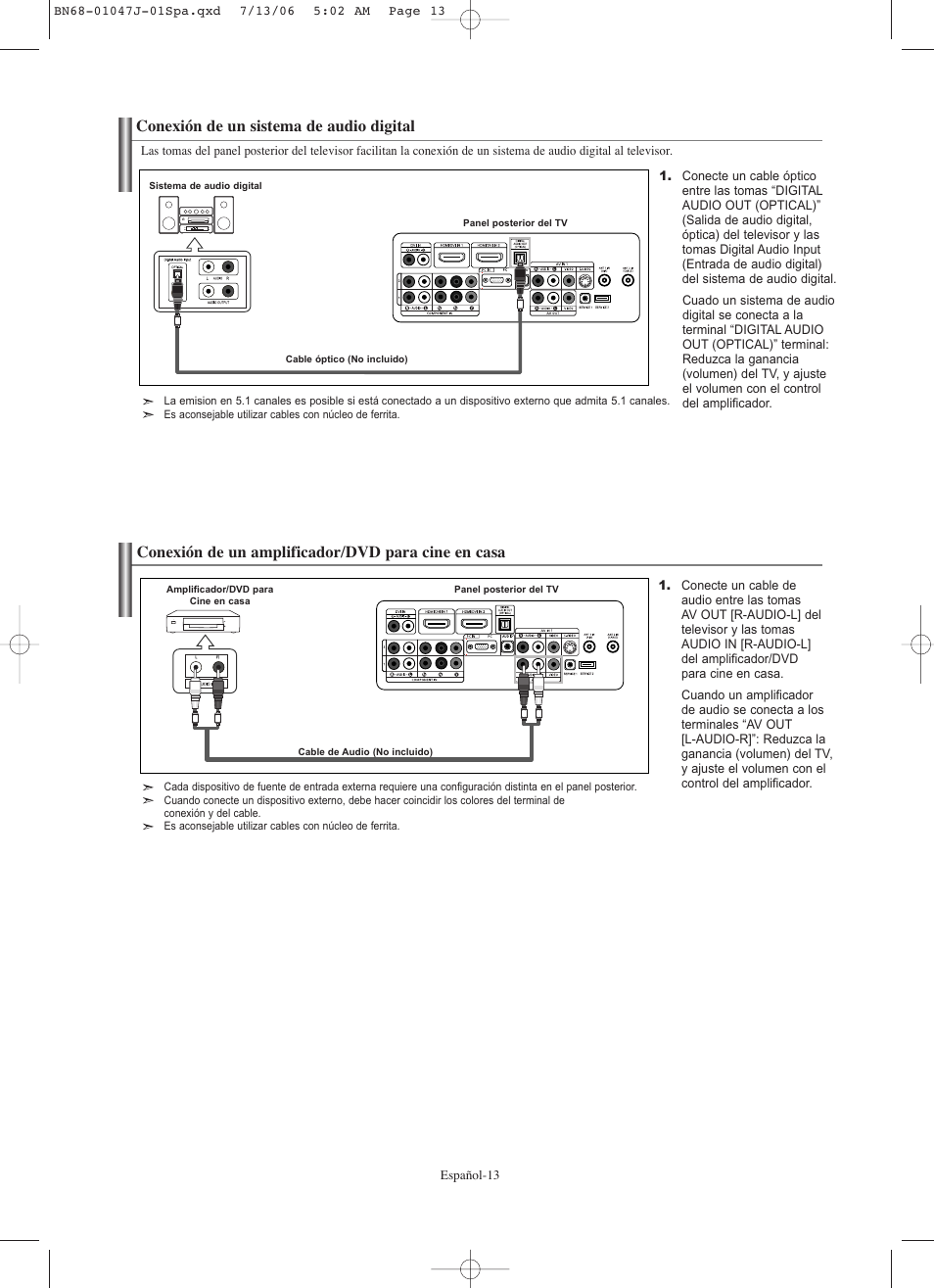 Conexión de un sistema de audio digital, Conexión de un amplificador/dvd para cine en casa | Samsung LNS4695DX-XAA User Manual | Page 197 / 275
