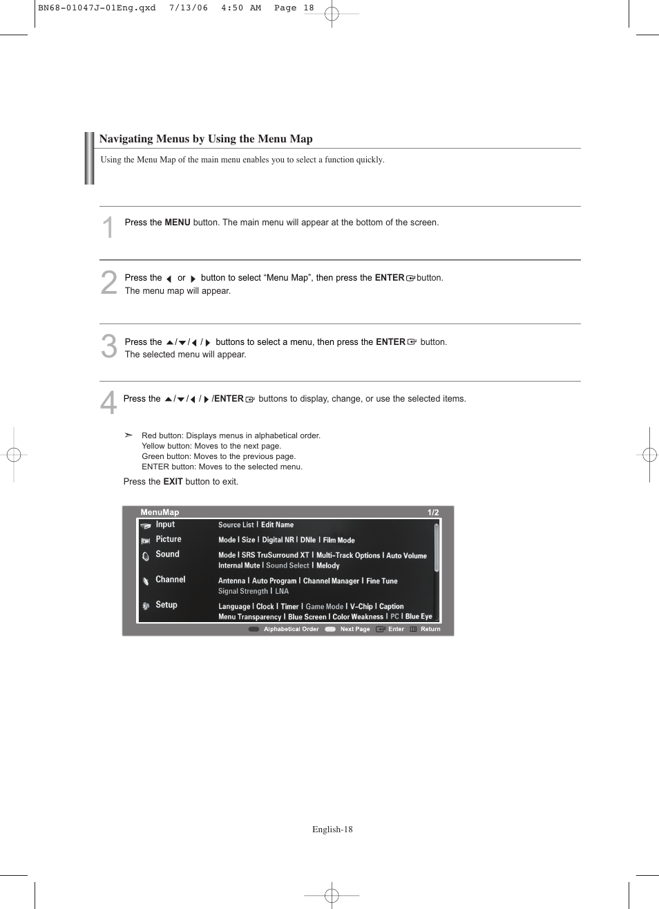 Navigating menus by using the menu map | Samsung LNS4695DX-XAA User Manual | Page 20 / 275
