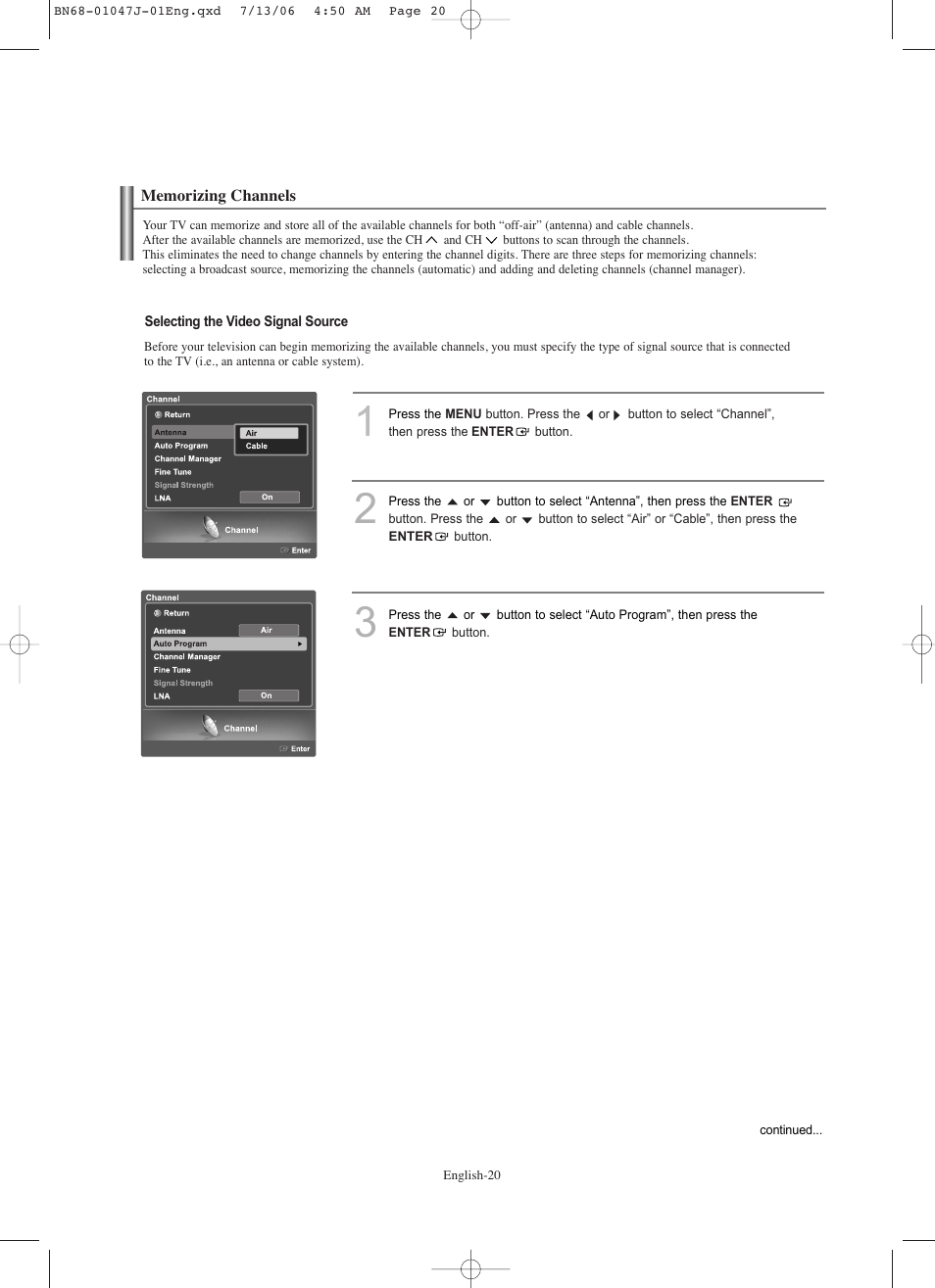 Memorizing channels | Samsung LNS4695DX-XAA User Manual | Page 22 / 275