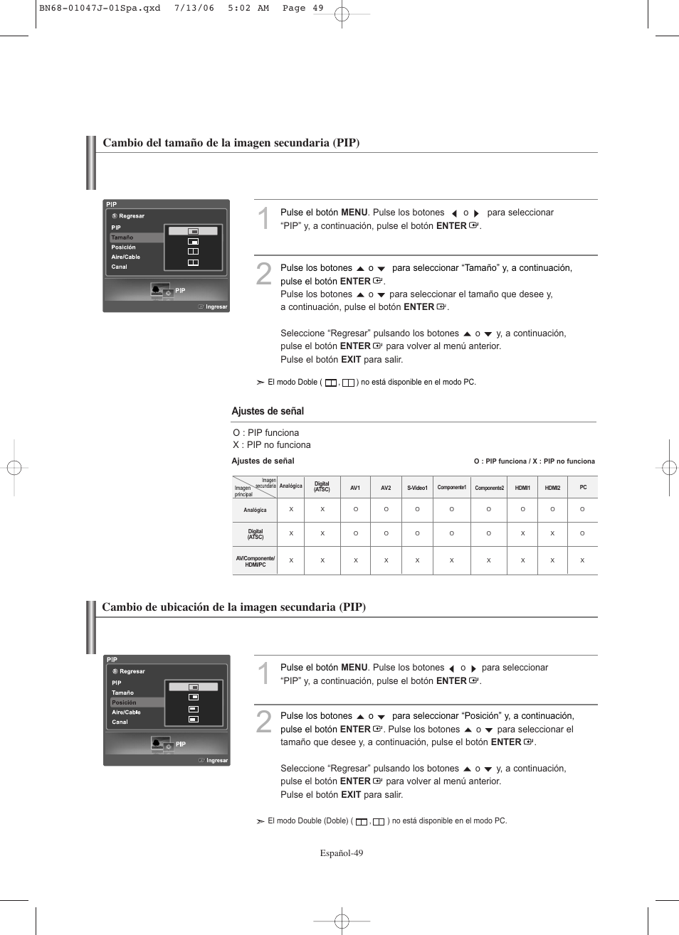Cambio de ubicación de la imagen secundaria (pip), Cambio del tamaño de la imagen secundaria (pip) | Samsung LNS4695DX-XAA User Manual | Page 233 / 275