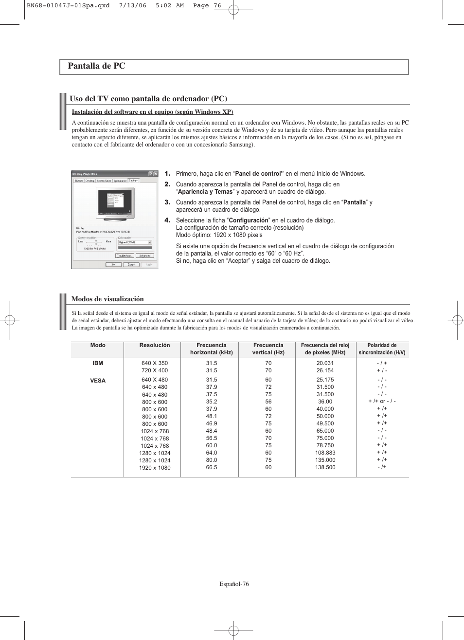 Pantalla de pc, Uso del tv como pantalla de ordenador (pc) | Samsung LNS4695DX-XAA User Manual | Page 260 / 275