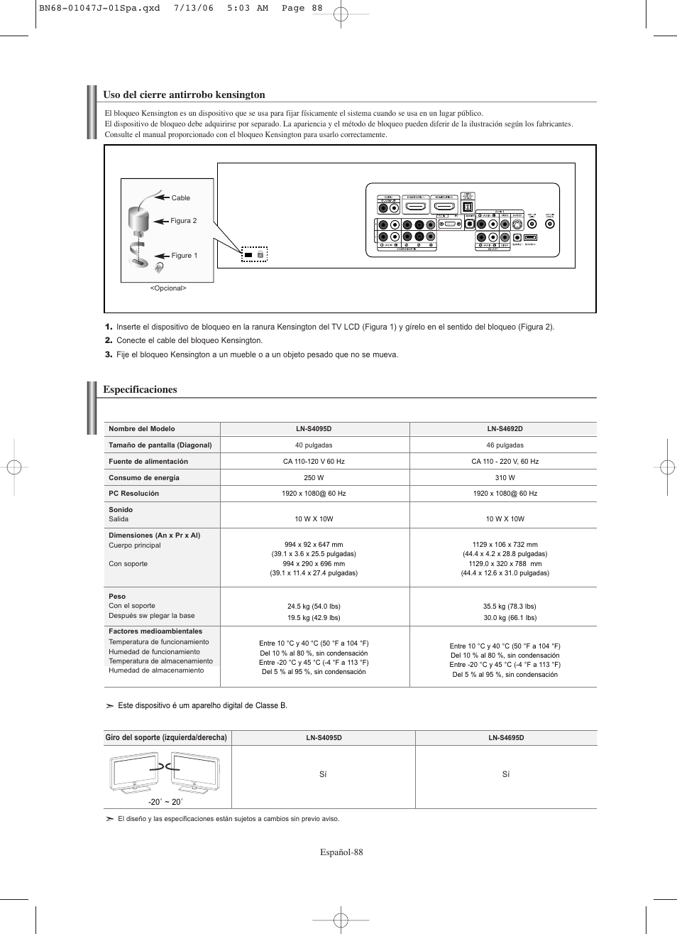 Uso del cierre antirrobo kensington, Especificaciones | Samsung LNS4695DX-XAA User Manual | Page 272 / 275