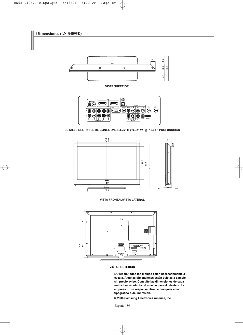 Dimensiones (ln-s4095d) | Samsung LNS4695DX-XAA User Manual | Page 273 / 275