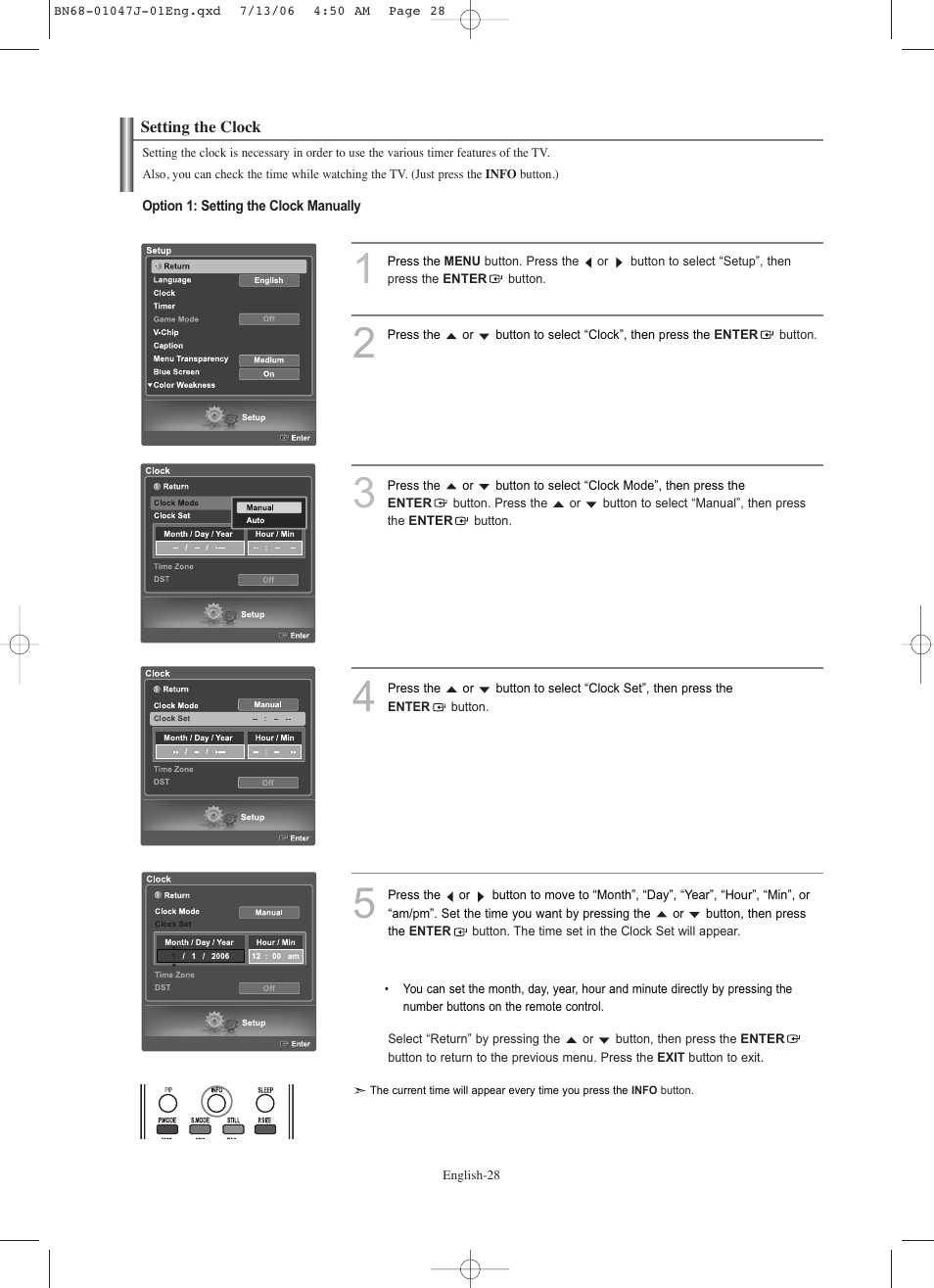 Setting the clock | Samsung LNS4695DX-XAA User Manual | Page 30 / 275