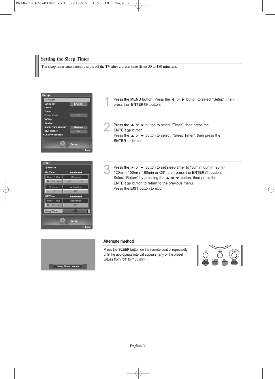 Setting the sleep timer | Samsung LNS4695DX-XAA User Manual | Page 33 / 275