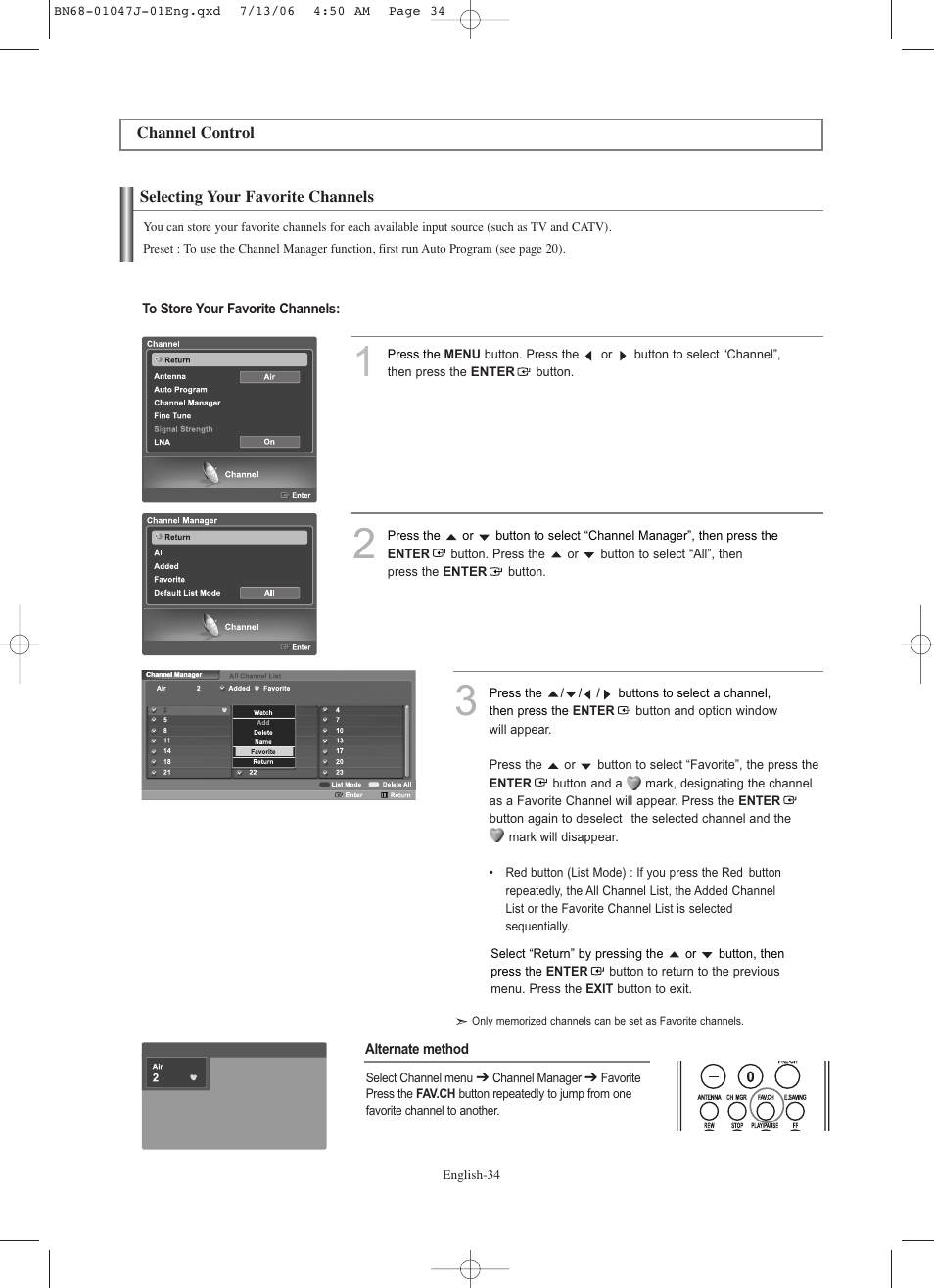 Channel control, Selecting your favorite channels | Samsung LNS4695DX-XAA User Manual | Page 36 / 275