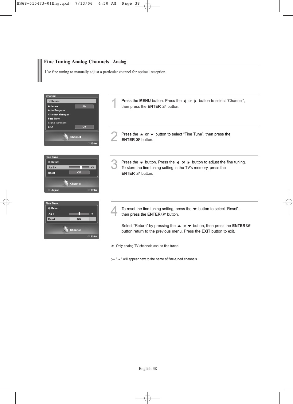 Fine tuning analog channels-analog | Samsung LNS4695DX-XAA User Manual | Page 40 / 275
