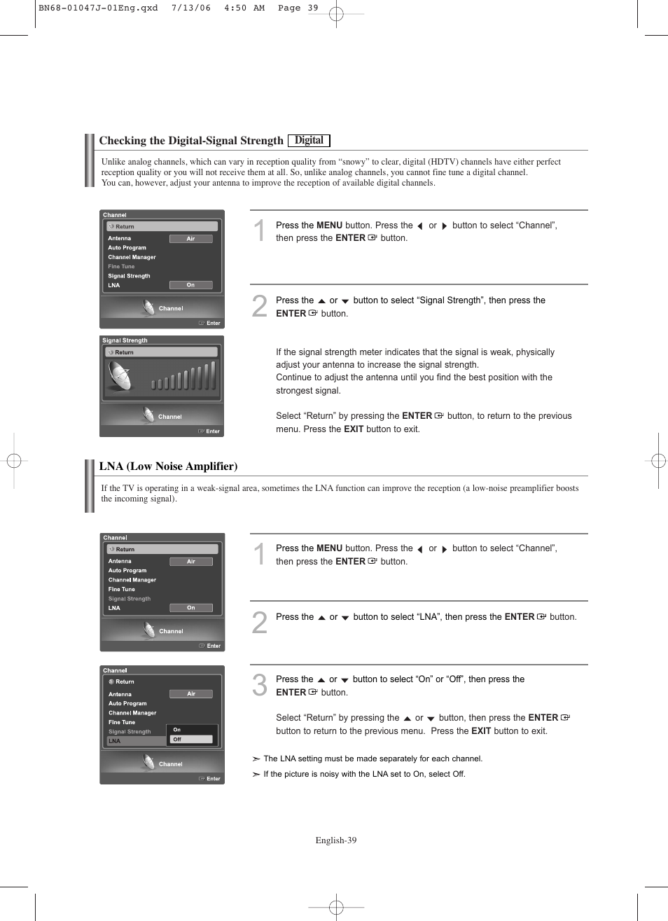 Checking the digital-signal strength-digital, Lna (low noise amplifier) | Samsung LNS4695DX-XAA User Manual | Page 41 / 275