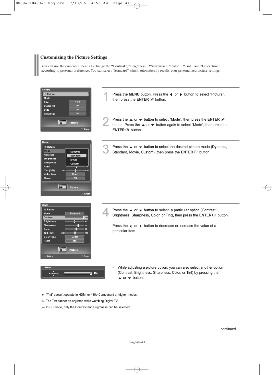 Customizing the picture settings | Samsung LNS4695DX-XAA User Manual | Page 43 / 275