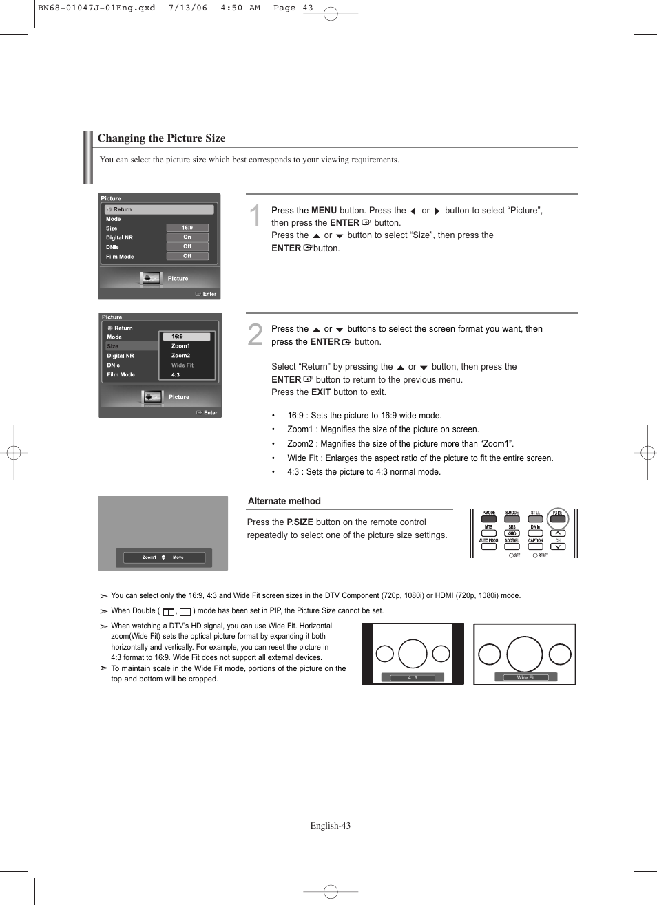 Changing the picture size | Samsung LNS4695DX-XAA User Manual | Page 45 / 275