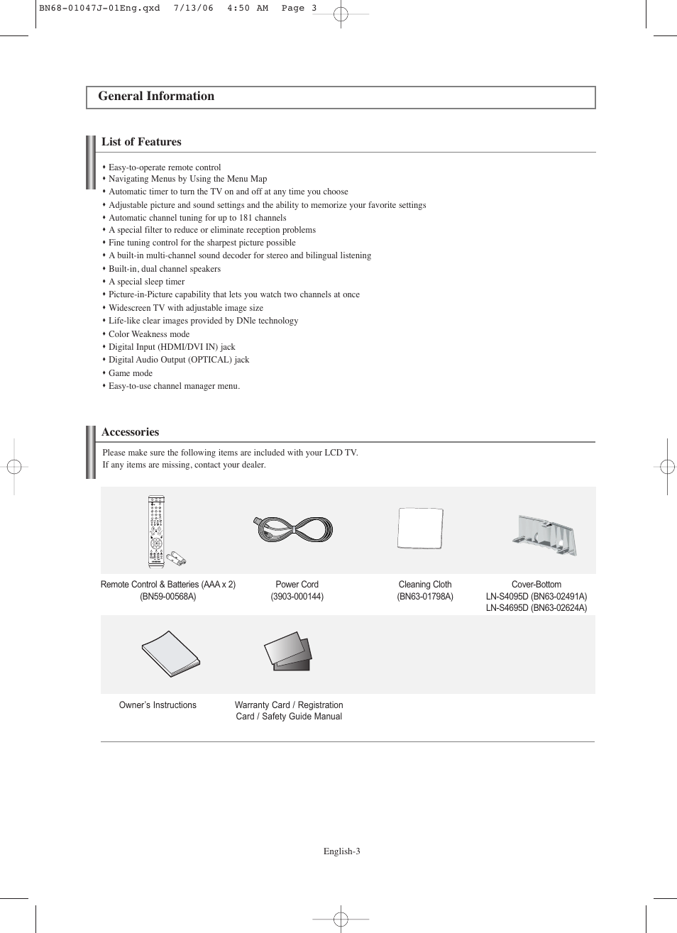 General information, List of features, Accessories | Samsung LNS4695DX-XAA User Manual | Page 5 / 275