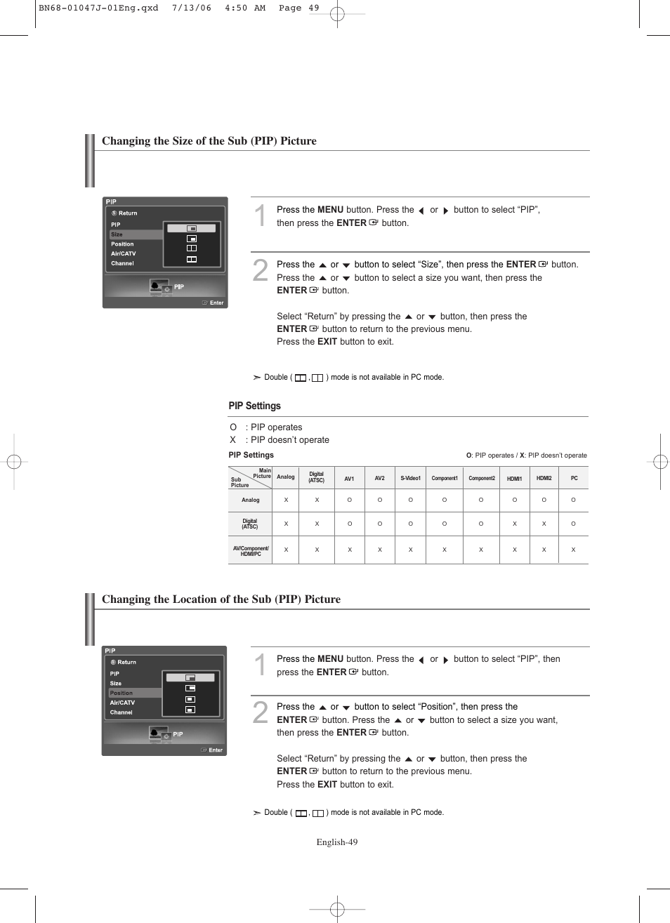 Changing the size of the sub (pip) picture, Changing the location of the sub (pip) picture | Samsung LNS4695DX-XAA User Manual | Page 51 / 275