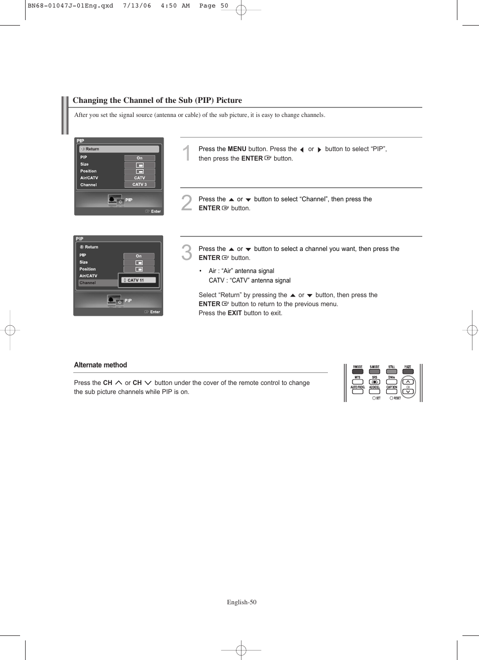 Changing the channel of the sub (pip) picture | Samsung LNS4695DX-XAA User Manual | Page 52 / 275