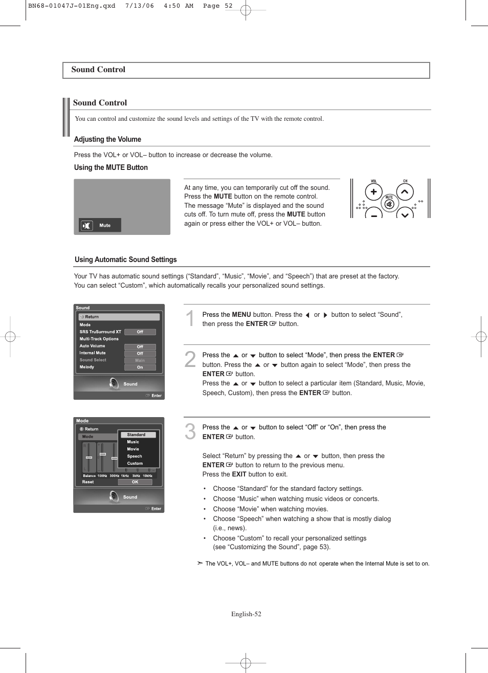 Sound control | Samsung LNS4695DX-XAA User Manual | Page 54 / 275