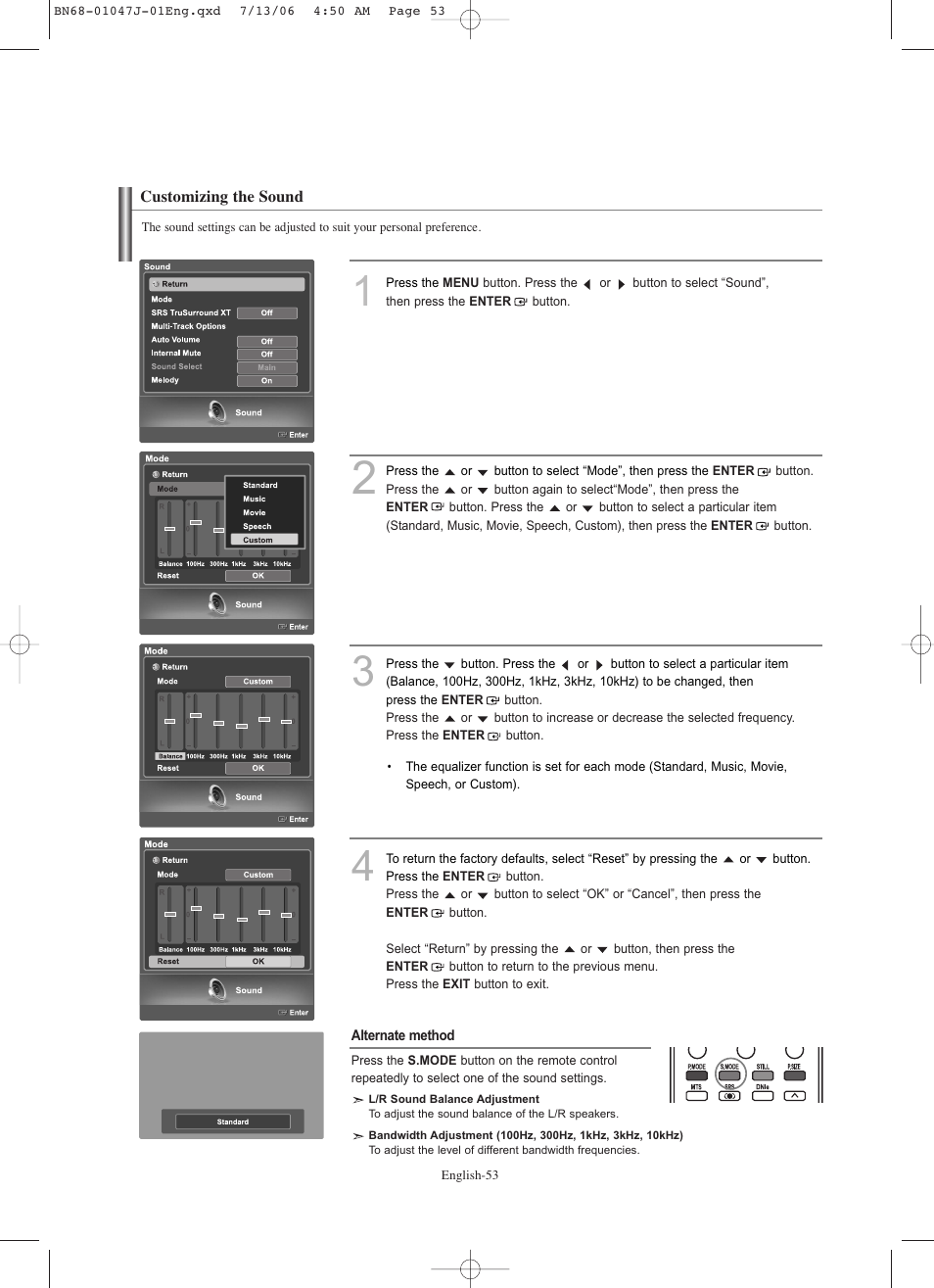 Customizing the sound | Samsung LNS4695DX-XAA User Manual | Page 55 / 275