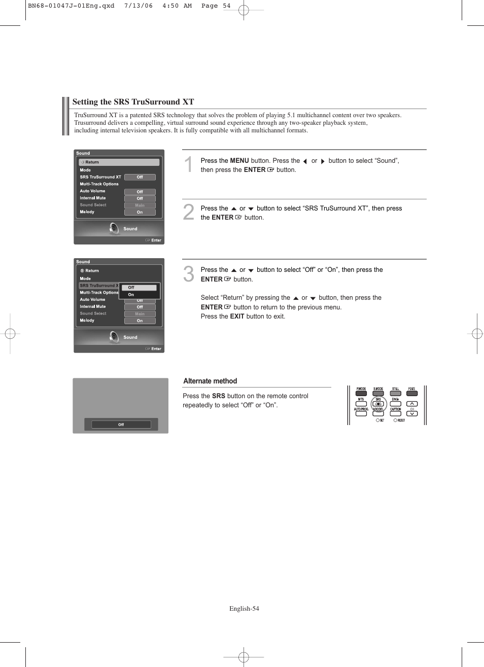 Setting the srs trusurround xt | Samsung LNS4695DX-XAA User Manual | Page 56 / 275