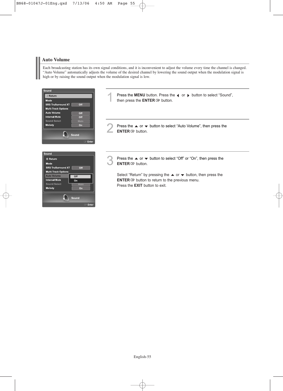 Auto volume | Samsung LNS4695DX-XAA User Manual | Page 57 / 275