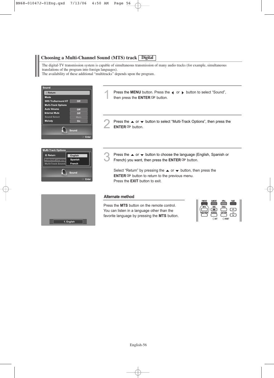 Choosing a multi-channel sound (mts) track-digital | Samsung LNS4695DX-XAA User Manual | Page 58 / 275