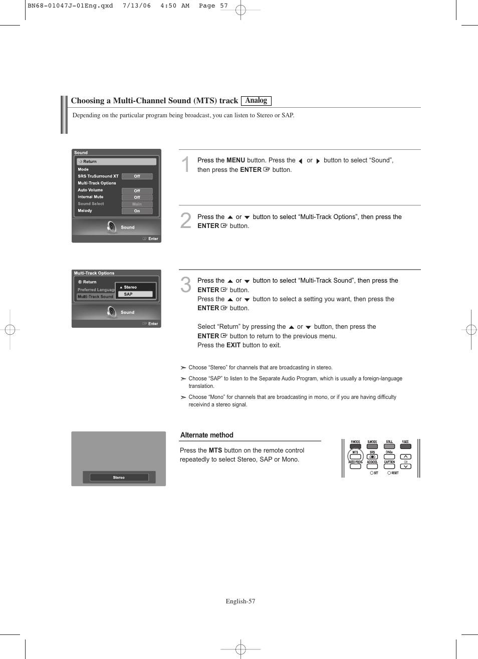 Choosing a multi-channel sound (mts) track-analog | Samsung LNS4695DX-XAA User Manual | Page 59 / 275