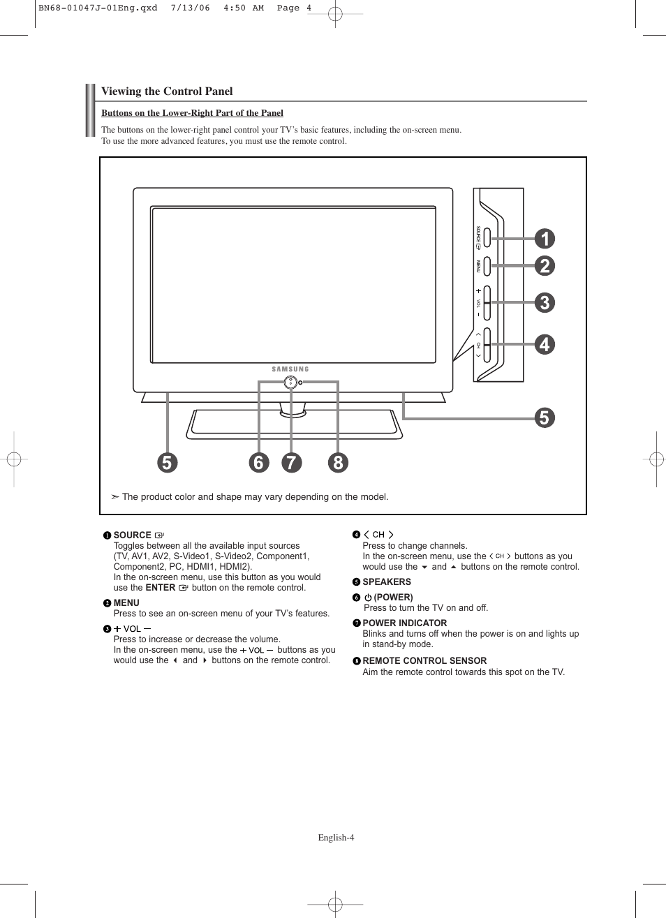 Viewing the control panel | Samsung LNS4695DX-XAA User Manual | Page 6 / 275