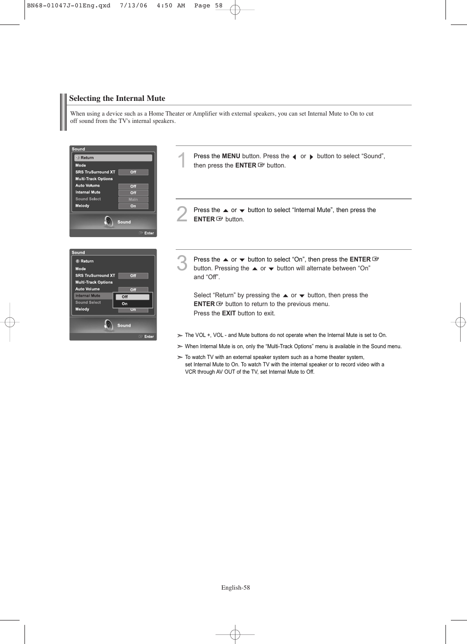 Selecting the internal mute | Samsung LNS4695DX-XAA User Manual | Page 60 / 275