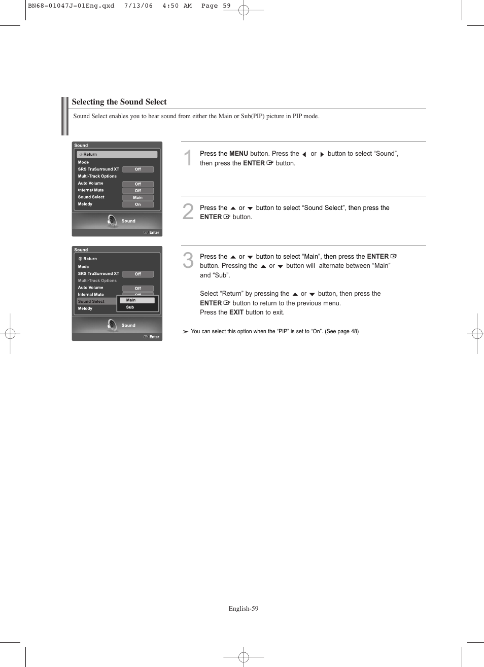 Selecting the sound select | Samsung LNS4695DX-XAA User Manual | Page 61 / 275