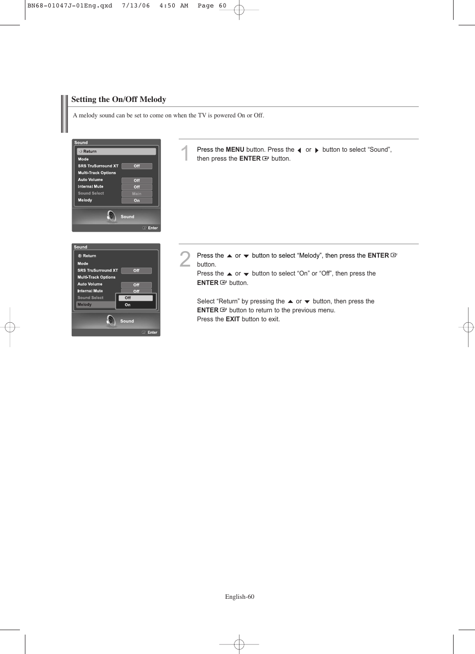 Setting the on/off melody | Samsung LNS4695DX-XAA User Manual | Page 62 / 275