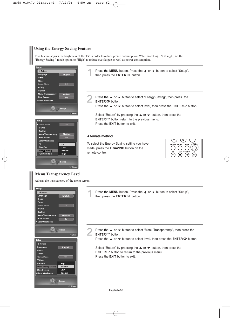 Using the energy saving feature, Menu transparency level | Samsung LNS4695DX-XAA User Manual | Page 64 / 275