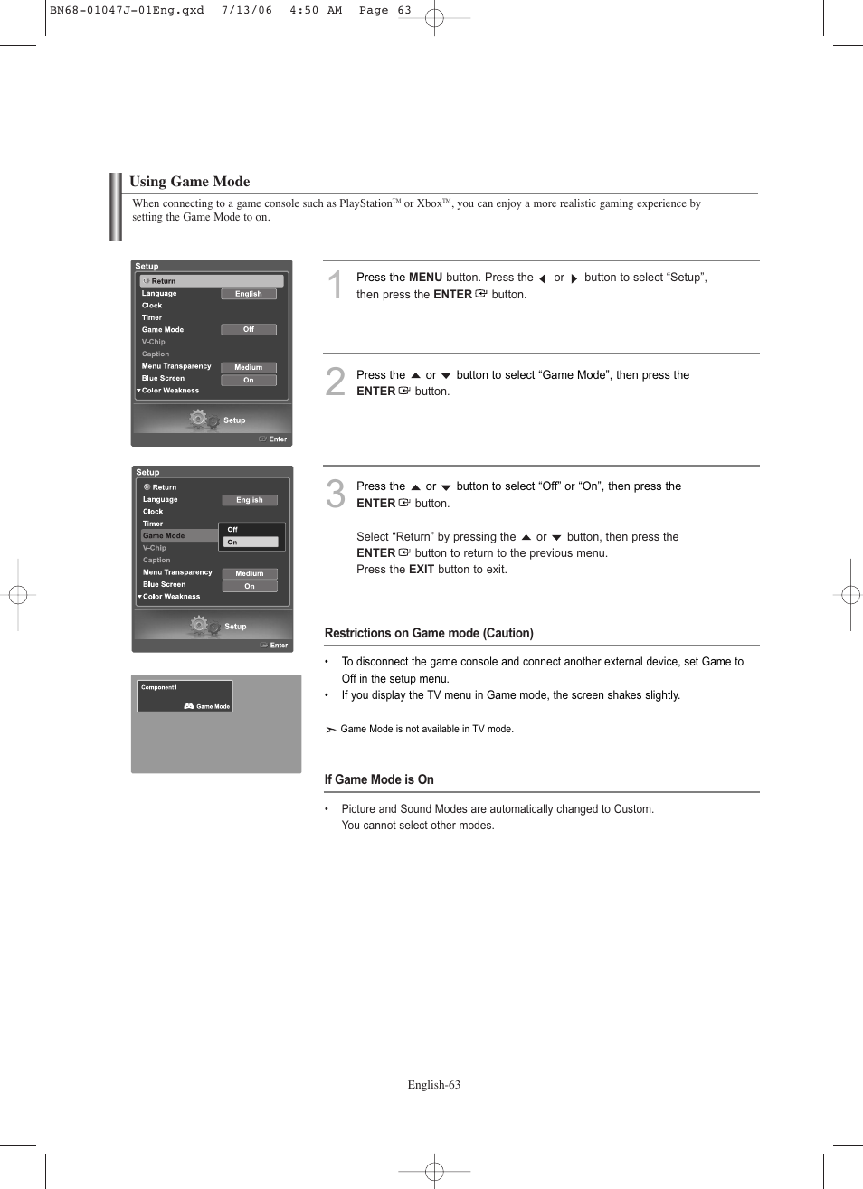 Using game mode | Samsung LNS4695DX-XAA User Manual | Page 65 / 275