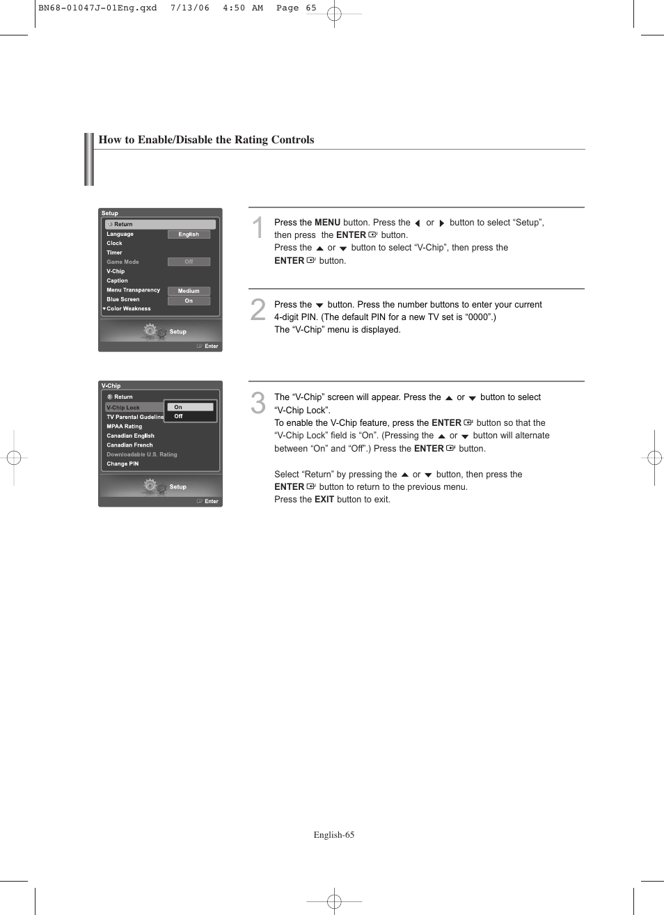 How to enable/disable the rating controls | Samsung LNS4695DX-XAA User Manual | Page 67 / 275
